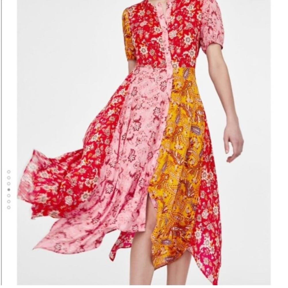 Zara Red Pink Paisley Patchwork Hankerchief Midi Dress Bloggers Fave Small - Picture 10 of 10
